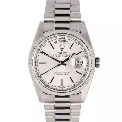 Rolex Day-Date President PAPERS 18k White Gold Silver 36mm 18239 Watch B+P • $17493.71