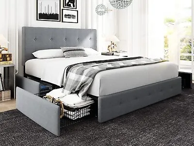 $339.99 • Buy Platform Bed Frame With 4 Storage Drawers&Adjustable Headboard, Light/Dark Grey