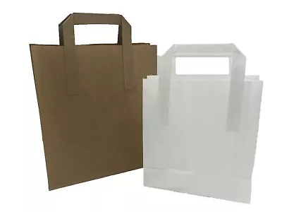 Kraft Paper Block Bottom Carrier SOS Bags With Flat Handles Takeaway Food Party • £7.55