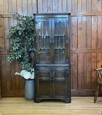 Bevan Funnell Distressed Oak Corner Cabinet / Reproduction Glazed Display Unit • £265