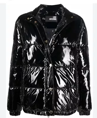 Nwt Love Moschino Black  Glossy Zip-up Puffer Coat Women Size  Small • $139.99