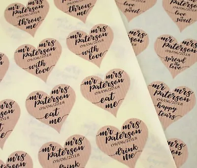 24 Personalised Wedding Heart Stickers - Custom Shabby Chic Kraft Labels • £3.62