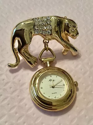 Vintage Faberge Leopard Dangle Watch Brooch Gold Tone With Rhinestone Running • $45