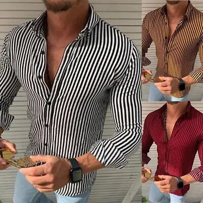 £12.44 • Buy High Quality Dress Shirt With Stripes For Men Button Down Collar Long Sleeve
