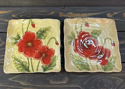 Maxcera Hand Painted Red Poppies Ceramic Square Salad Plate 8 3/4” Set Of Two • $14