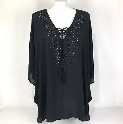 Beme Top Black Plus Size XXL 28 30 Chiffon Kaftan Blue Beading Lace Up Neck • $25