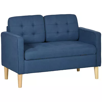 HOMCOM Compact Loveseat Sofa 2 Seater Sofa With Storage And Wood Legs Blue • £179.99