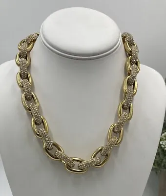 J. Crew Pave Crystal Contrast Chunky Smooth Oval Links Bold Gold-Tone Necklace • $49.91