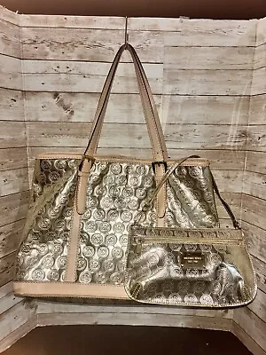 RARE MK Michael Kors Gold Monogram Tote Bag With Wristlet Tan Leather Trim LOOK! • $68.88