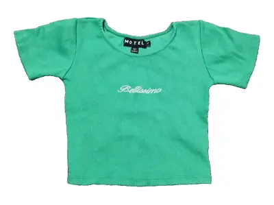 Motel Crop Top Womens XS Green Ribbed T Shirt Bellissimo Spellout Y2K 90s  • £9.99