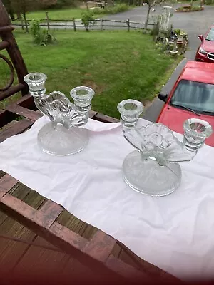 Vtg Jeannette Clear Glass “Iris And Herringbone” Two-Arm Candelabras - Set Of 2 • $15