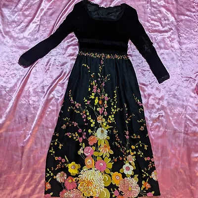 Vintage 60s/70s Flower Power Velvet Maxi Dress • $75