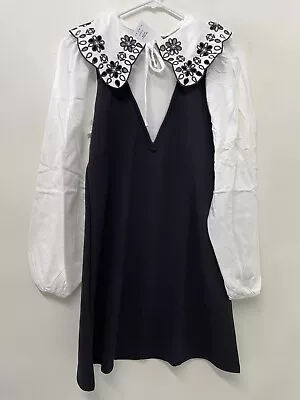 Miss Selfridge Womens 8 2-in-1 Embroidered Collar Dress Black White 120193575 • $24.40