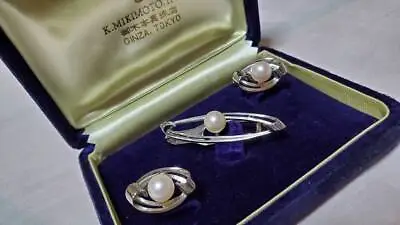 MIKIMOTO Large Pearl Silver Cufflinks Tie Clip Bar Set #696 • $699.99