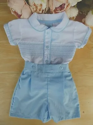Baby Boy Outfit Set Traditional White Smocked Shirt Blue Shorts 0 3 6 9m • £13.90