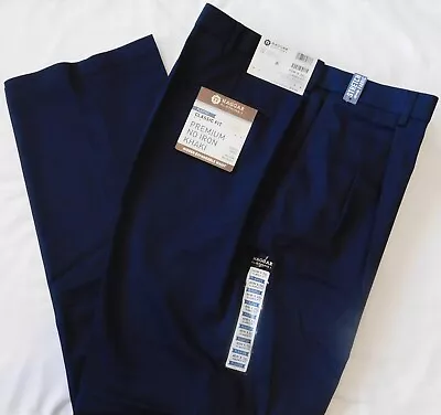 HAGGAR Premium No Iron Khaki Pants Stretch Classic Fit Hid Expandable Waist Navy • $45.95