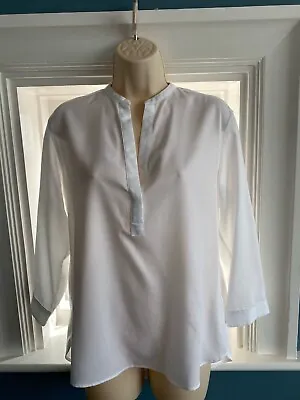 Uniqlo Womens Relax 3/4 Sleeve Blouse Small White Button Top Mandarin Collar • £12