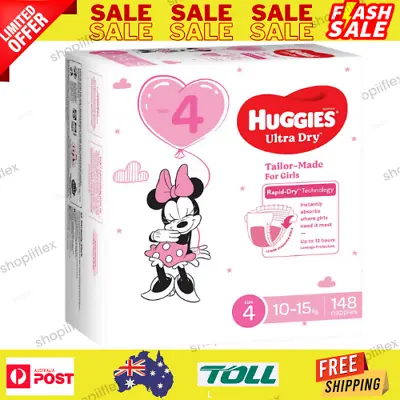 Huggies Girls' Ultra Dry Nappies Size 4 Toddler (10-15kg) 148 Nappies • $83.85