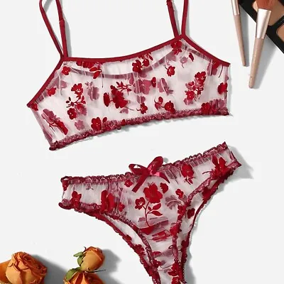 Underwear Bikini Two Piece Sexy Floral Print Lingerie Wine Red Valentines - GDS • £5.69