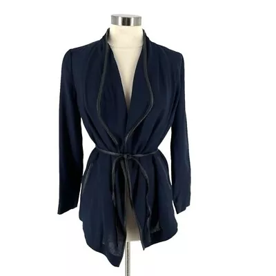 Vince Blue Textured Weave Black Leather Trim Drape Neck Open Front Jacket Size 4 • $33.07