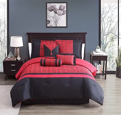 Chezmoi Collection Oriental Inspired 7-Piece Black Red Jacquard Comforter Set • $78.99