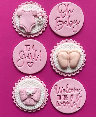 6 Pink & White Baby Plaques Edible Fondant Cupcake Toppers Baby Shower • £6.95