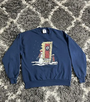 Vintage 90s Christmas Sweater Sweatshirt Adult Large JERZEES Blue USA Made • $24.99