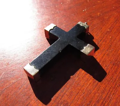 1800's Whitby Jet And 9k Rose Gold CROSS. Mourning Jewelry. Memento Mori Onyx • $150