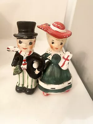 $32 • Buy Vintage Lefton Christmas Shopper Couple Salt And Pepper Shakers