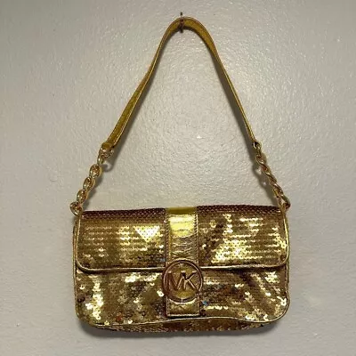 Michael Kors Fulton Small Flap Shoulder Bag Leather Gold Sequins • $64