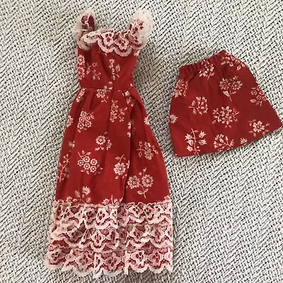 Vintage 70s Barbie Doll Floral Red Maxi Dress Lace Skipper Matching Skirt • $7