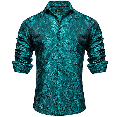 Mens Dress Silk Shirt Long Sleeve Red Blue Paisley Casual Button Down Shirts 3XL • £16.99