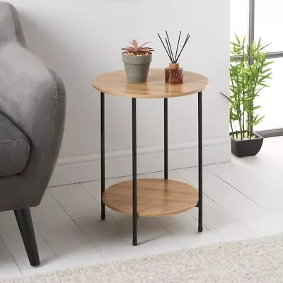 2 Tier Side Table Oak Round Shape End Tables Modern Circular Sofa Corner Table • £34.99