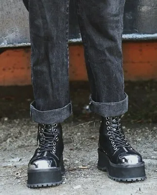 Black Leather Metal Toe Cap Punk Goth Combat Boots Gravedigger Mens Demonia • $112.95