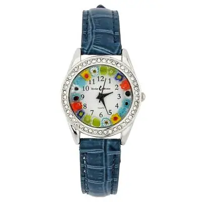 GlassOfVenice Murano Glass Watch Millefiori And Crystals With Leather Band - Blu • $69.95