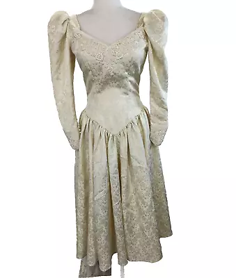 Vintage Gunne Sax Style Wedding Dress Tea Length Lace Floral Satin Flaw Sz XS/S • $45.95