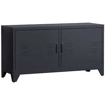 HOMCOM Industrial TV Cabinet Stand Media Center Steel Shelf Doors Storage Black • £83.99