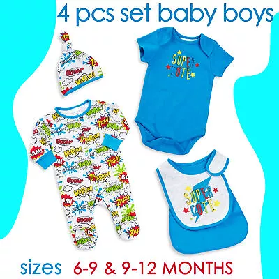 Baby Boys Outfit 4 Piece Sleepsuits Set Superhero 6-9 9-12 Months Bundle Clothes • £8.99