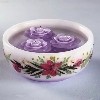 4 Pc Bowl & 3 Purple Rose Floating Candles 7  Wide New In Box • $22.20