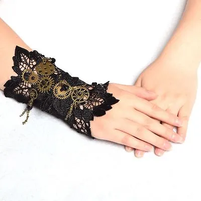 1pc Women Steampunk Black Wrist Cuff Bracelet With Gear Gothic Crochet Lace Cuff • $9.99