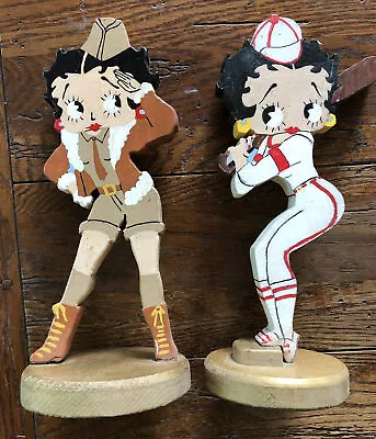 Betty Boop Figurine Pair Military & Baseball Wood  Statues Vintage 11” Tall • $23.44