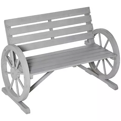 Outsunny 2 Seater Garden Bench W/ Wooden Cart Wagon Wheel Rustic High Back Grey • £80.99