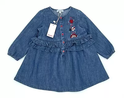 NWT Catimini Baby Girls Blue Light Denim Long Sleeve Dress With Embroidery 12M • $35