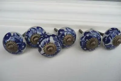 Vintage Antique Drawer Pulls Handles Cobalt Flower Floral Cabinets Knob • $7.55