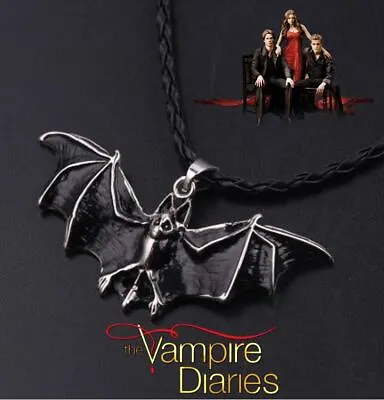 The Vampire Diaries Antique Silver Black Open-Wing Bat Pendant & Leather Chain • $10.67