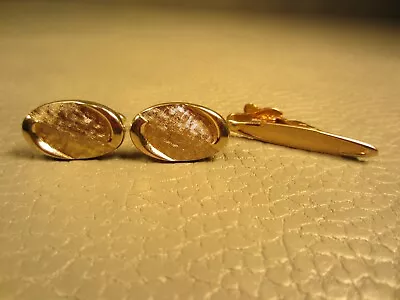 Vintage Swoosh Yellow Gold Plated Cuff Links With Tie Clasp • $19.95