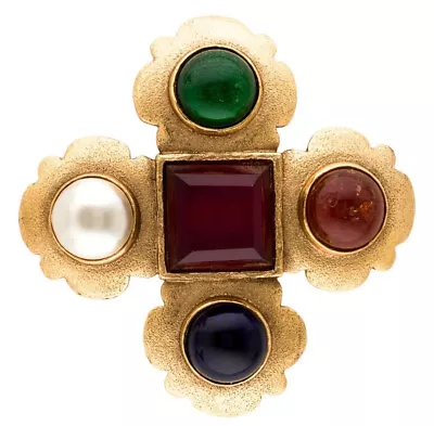 CHANEL 1988 Brooch Pin Cross BaroqUe Gripoix Goossens Pearl Gold Plated Vintage  • $2999.89