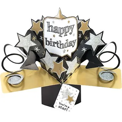 3D Pop Up Card Happy Birthday Silver & Gold Stars Blank Greeting Cards Keepsake • £6.49