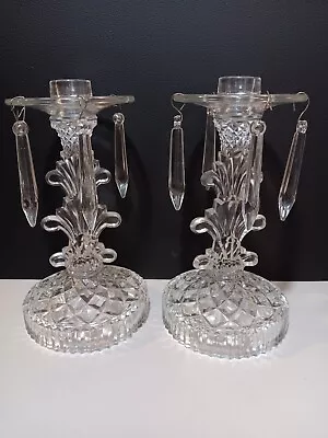 Set Of 2 Vintage Art Deco Glass Candle Holders 9 Crystal Prisms Ornate 8.5” • $39.99