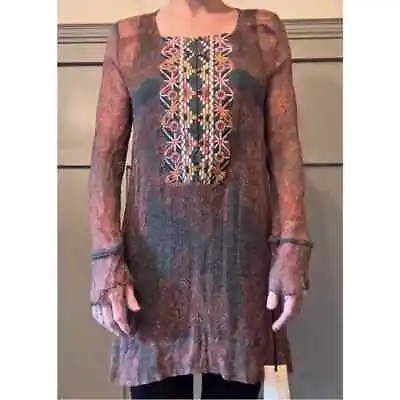 Johnny Was 4 Love And Liberty Aztec Tunic 100% Silk Embroidered Sheer Small NWT • $69.99